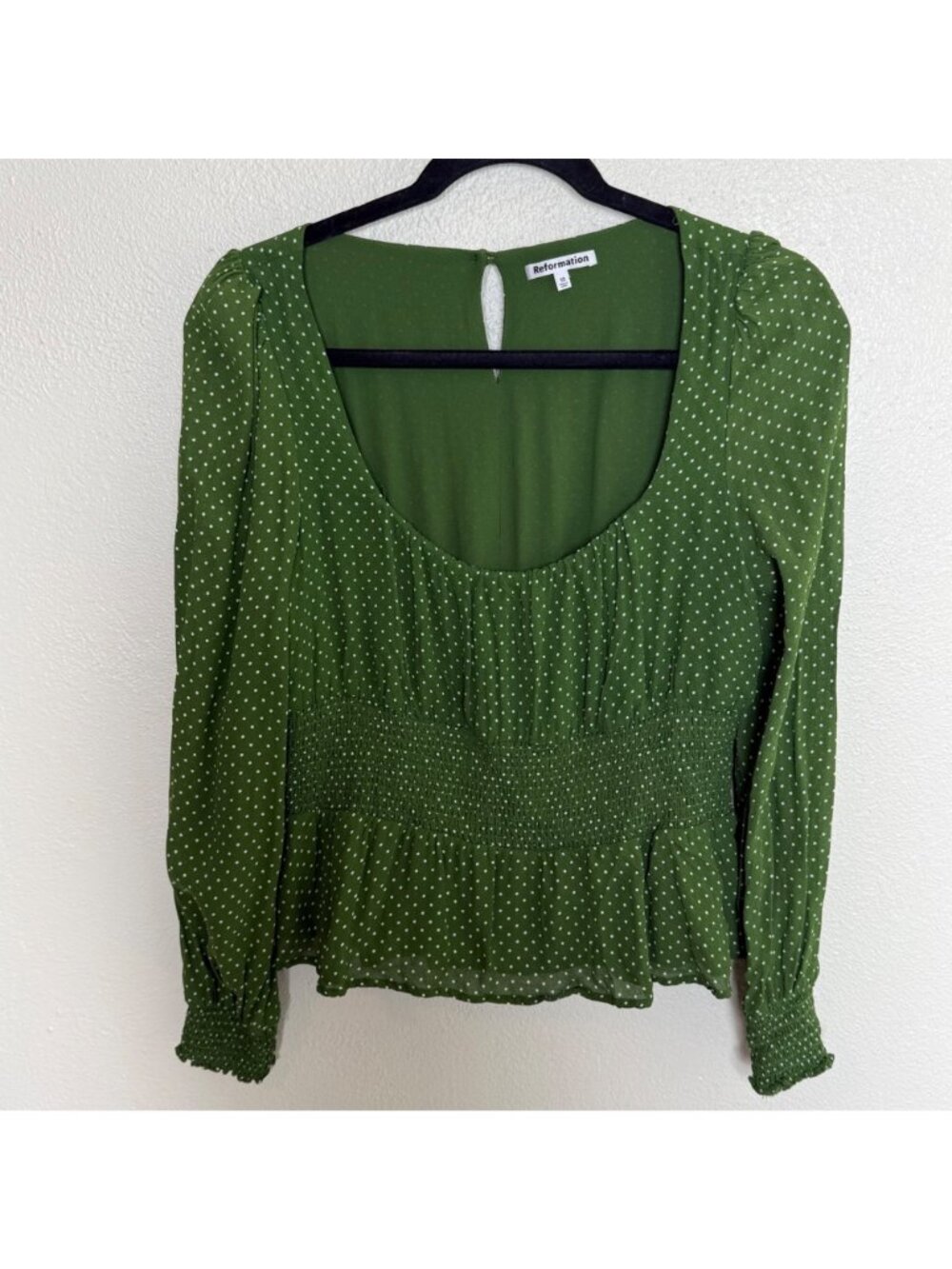 Reformation Hearth Blouse Peat Green with White Polka Dot Pattern Top Size 10 - Picture 2 of 5